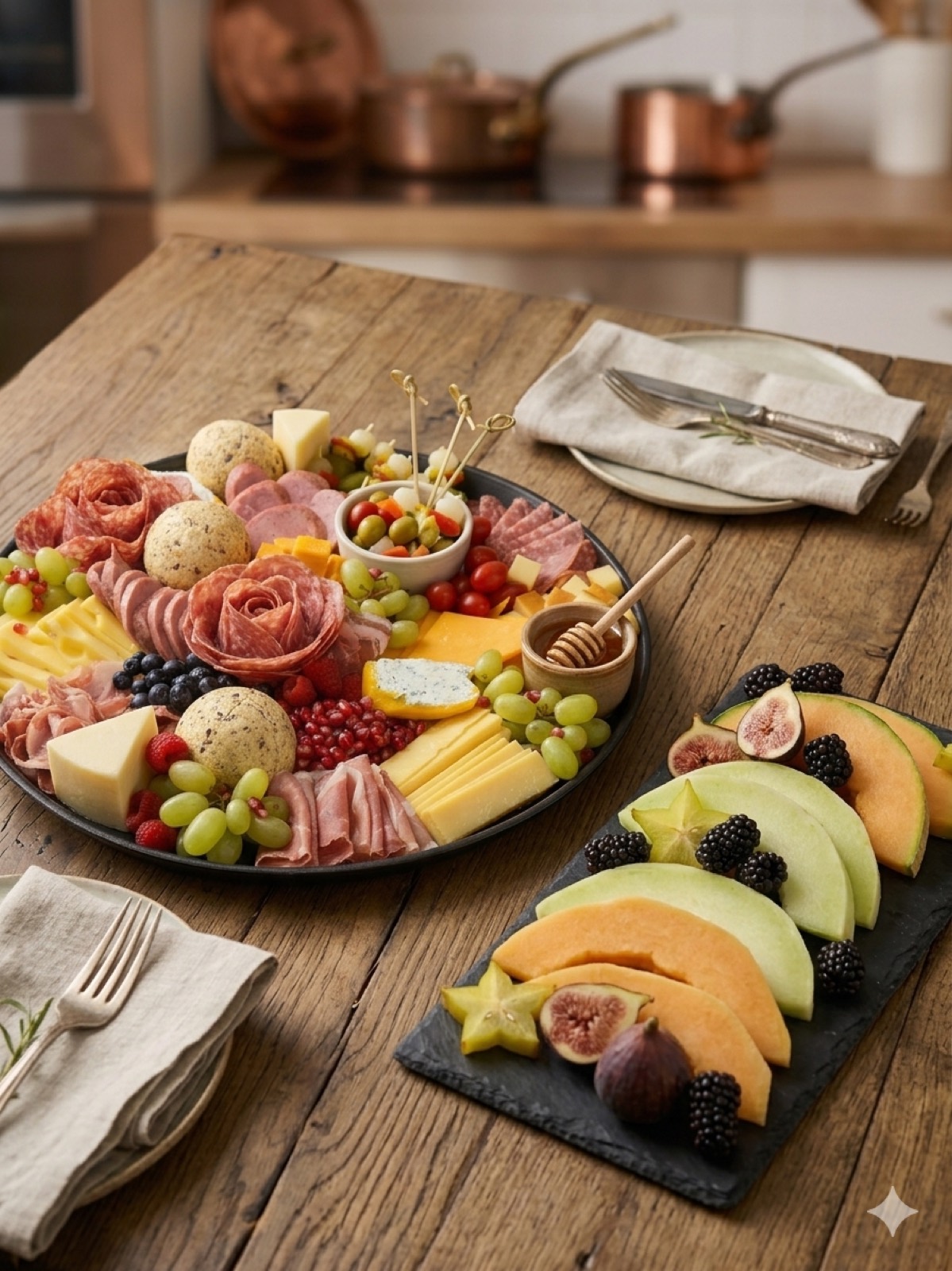 A styled charcuterie board on a rustic wooden table, with a second fruit board alongside and copper pots in the background.