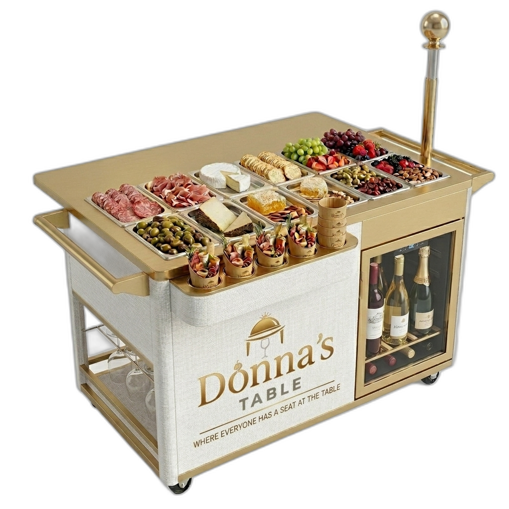 The Donna's Table branded charcuterie cart, styled with meats, cheeses, fruit, and wine.