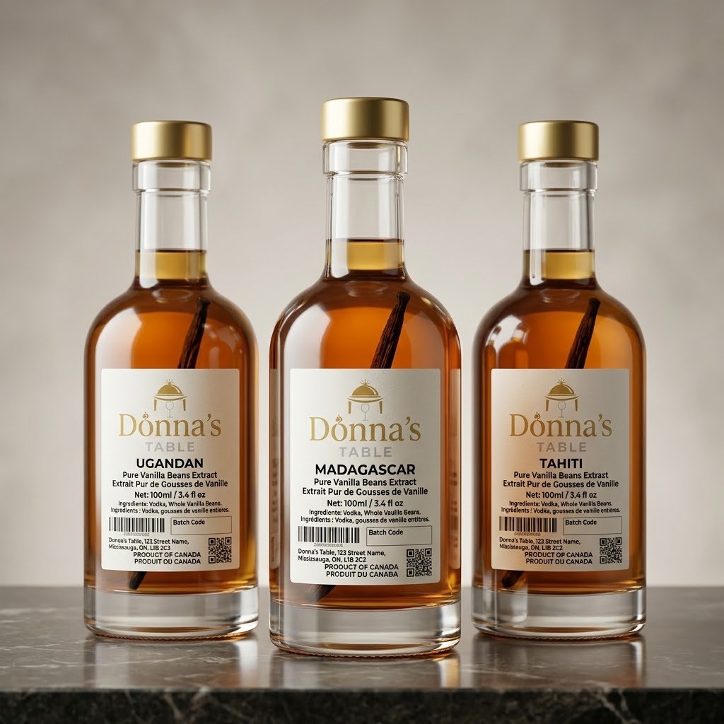 Three bottles of Donna's Table small-batch vanilla extract: Ugandan, Madagascar, and Tahitian.